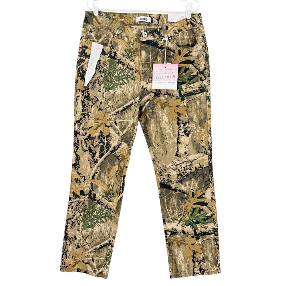 Telepatia Women's Stretch Brown Forest Camo Pants 18W High Rise Straight-Leg NWT